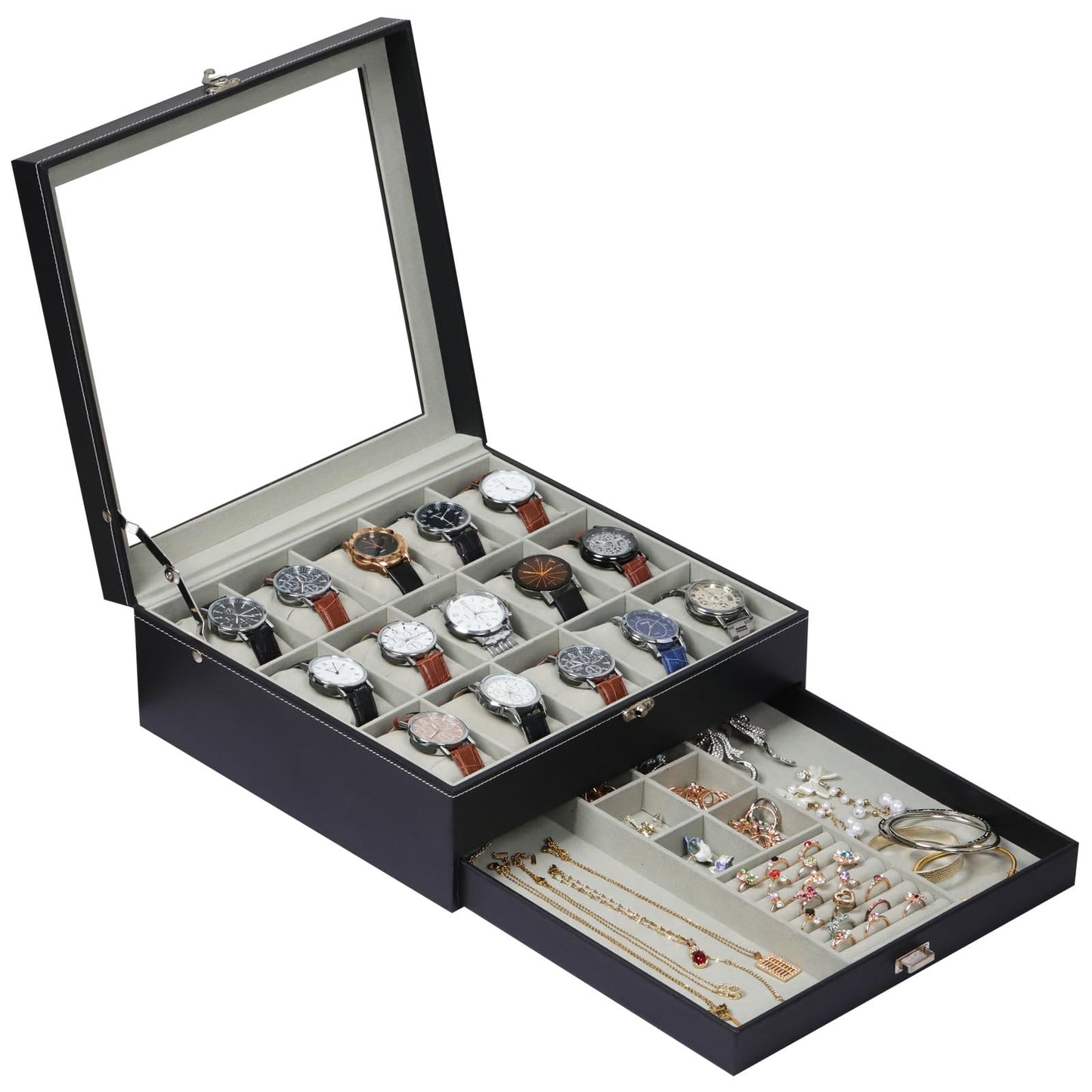 AUTOARK Premium 2-Layer Watch Box Organizer with Lock,Holds 15 Watches + Jewelry,Drawer for Rings Earrings Bracelets,Large Glass Lid,Soft PU Leather,Gift for Men Women,Black,MKAW-137