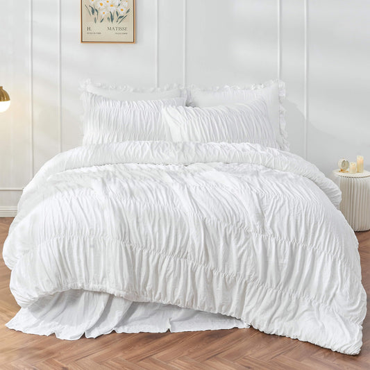 Bonlino Queen Comforter Set White Bedding - Ruched Comforter Queen Size Bed Set Boho Shabby Chic Bedding for Bedroom Comforter Fluffy 3 Piece Ruffle Comforter Set with Pillow White Soft