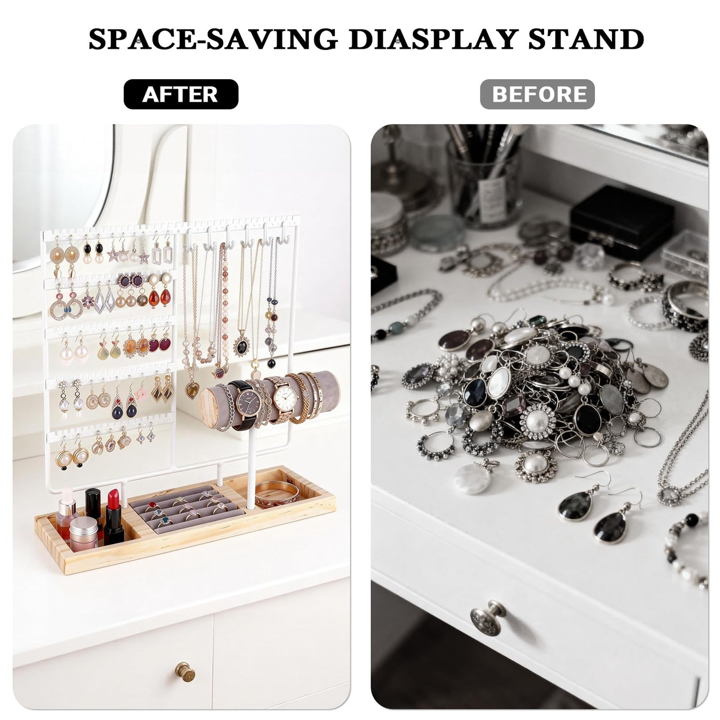 Ciormis Jewelry Stand Holder, 5 Tier Earring Holder Organizer with 72 Holes and 12 Hooks Jewelry Tower Necklace Tree Stand Hanger Bracelets Holder Storage with Ring Tray for Women Girls Gift (White)