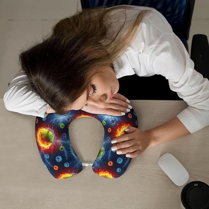 Travel Neck Pillow for Pain Relief Sleeping, Water Fire Flame Softball, Comfortable Memory Foam Chin Head Cushion Support with Zip Cover, Fashion Car Flight Pillows