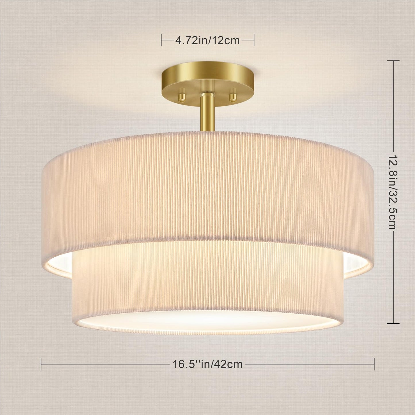 BoostArea 2-Tier Corduroy Semi Flush Mount Ceiling Light, 16.5'' Gold Drum Ceiling Fixture with Beige Fabric Shade, Soft Ambient Glow Close to Ceiling Lamp for Bedroom/Dining Room/Entryway/Low Ceiling