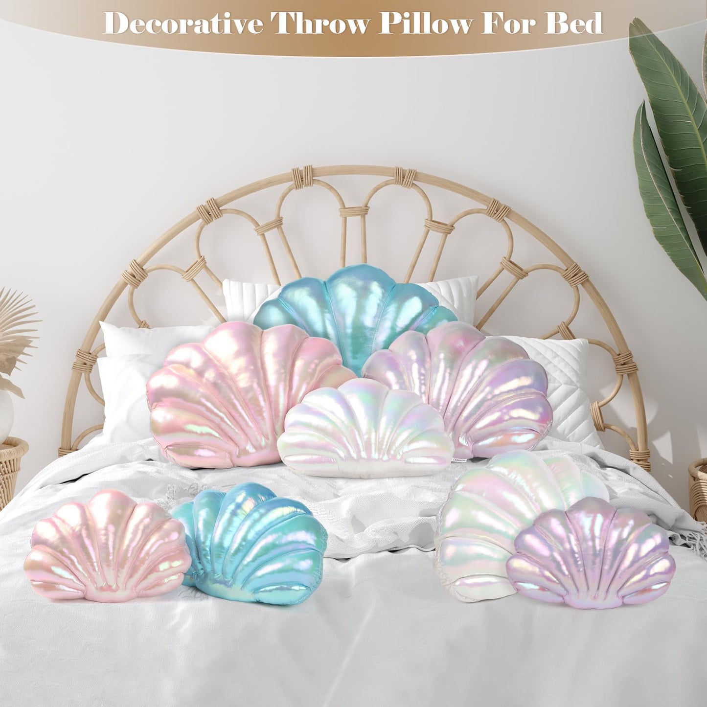 Marble Empire Seashell Pillow - Holographic Iridescent Foil Fabric Throw Pillow for Couch, Coastal Beach Theme Decor, Ocean Themed Bedroom Living Room Accent Pillow（Pink,14×11''）