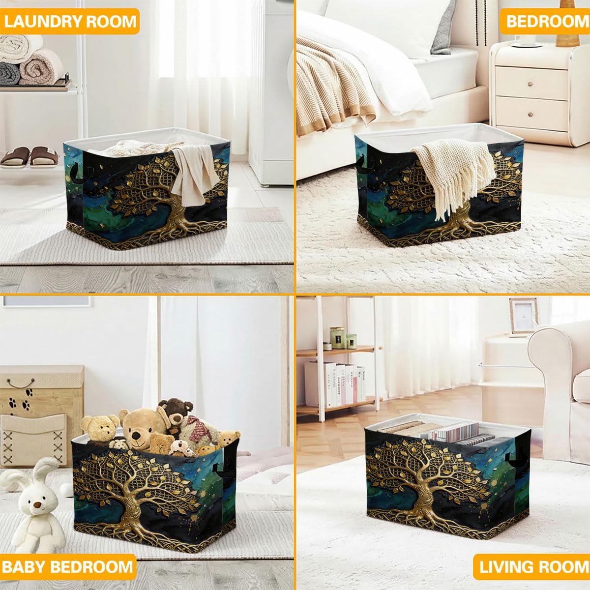 Golden Life Tree Foldable Laundry Basket Hamper with Handles, 56L Large Capacity Toy Storage Organizer, Collapsible Clothes Hamper for Home Decor and Bedroom Organization.