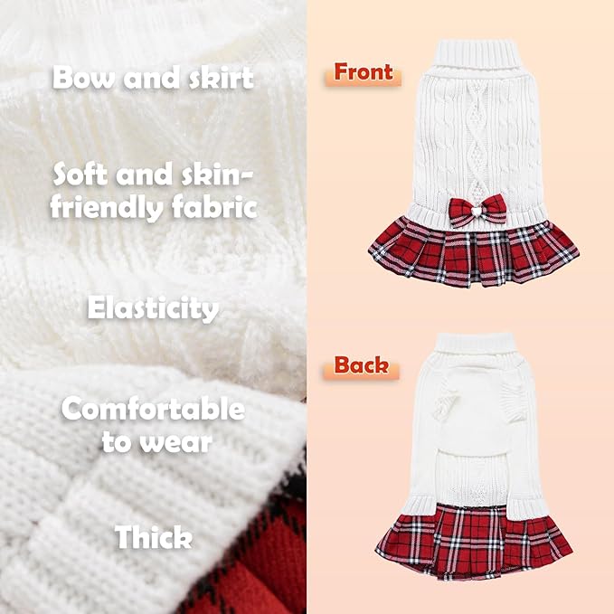 YUDODO 2 Pack Small Dog Sweater Dress with Bowtie Turtleneck - Knitted Pet Girl Dog Winter Clothes - Pet Warm Sweater for Puppy Yorkies, Chihuahua (M Red+White)