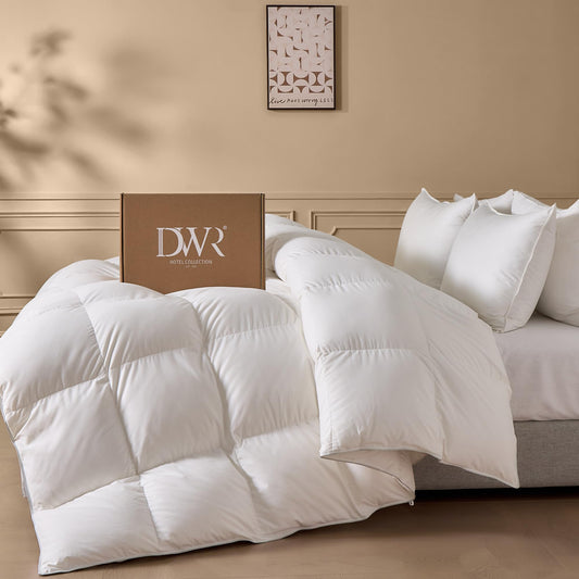 DWR Goose Feather Down Fiber Comforter Queen Size, Fluffy White Duvet Insert, Buttery-Soft and Breathable, Marshmallow-Like Loft, All Season Hotel Luxury Bedding, 8 Corner Tabs, 90" x 90"