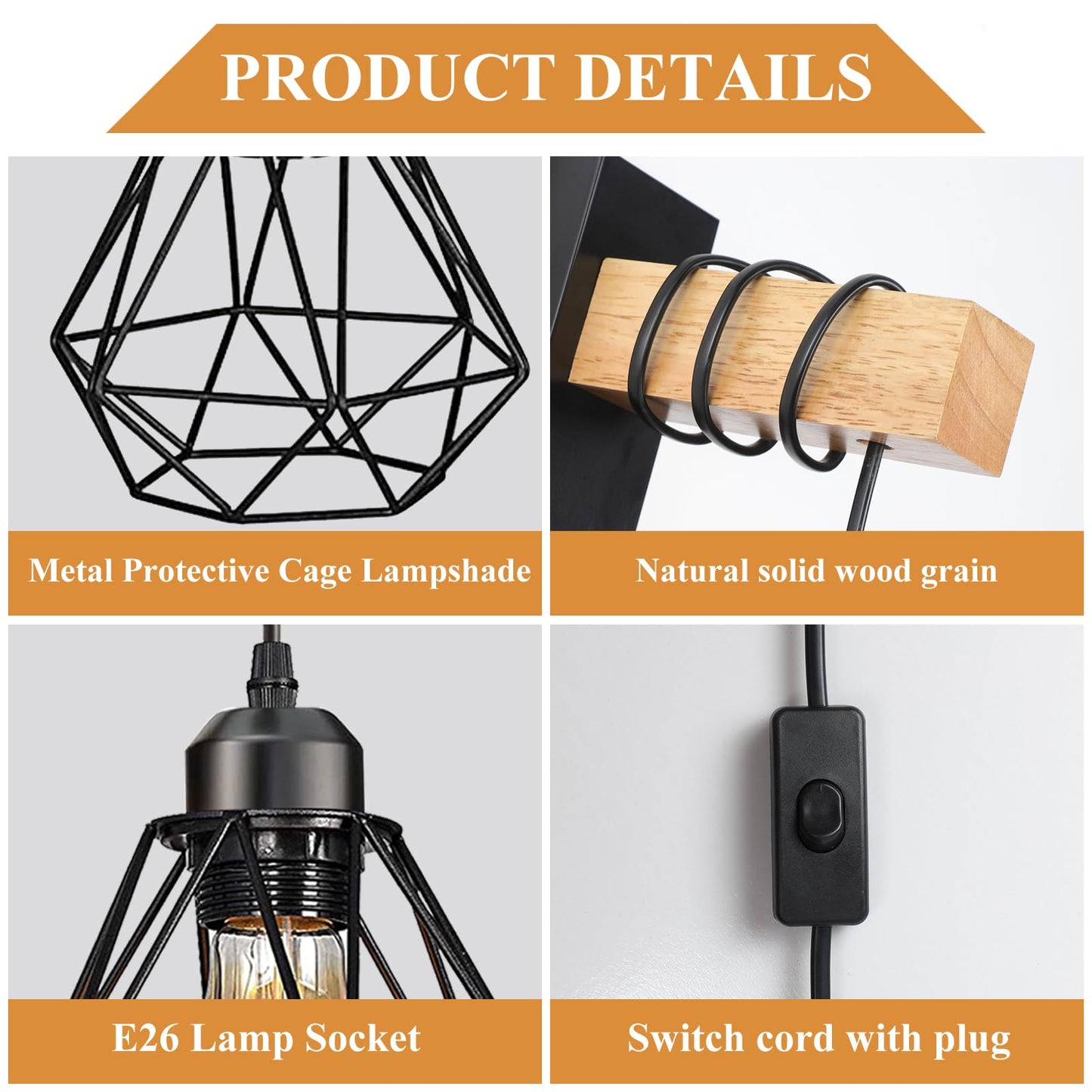 Plug in Wall Sconces Set of Two,Farmhouse Wall Mounted Lights with Plug in Cord,Black Rustic Wall Lamp for Bedroom Bedside Living Room,with Wood Arm and 70.8inch On/Off Switch Cord,2 Pack