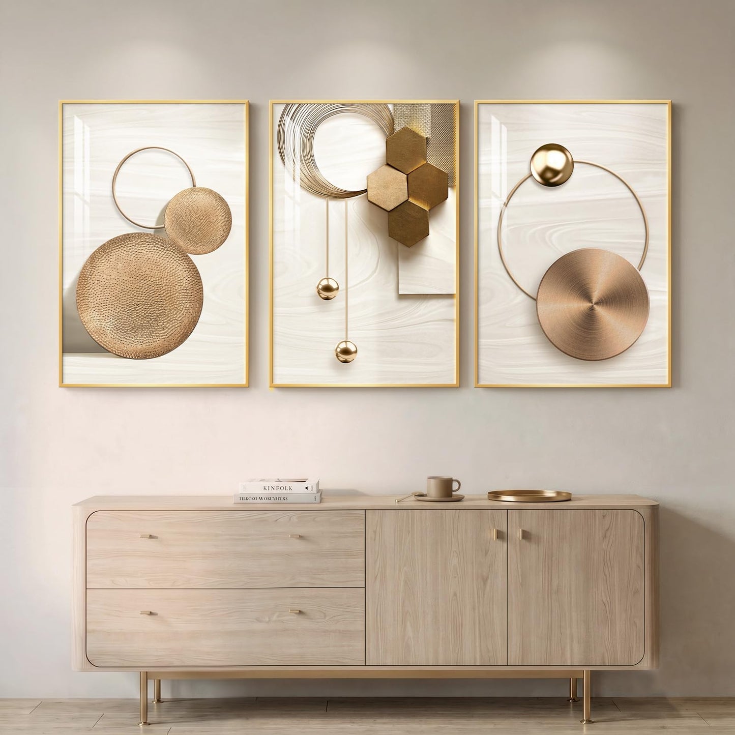 Large Framed Modern Luxury Gold Wall Art for Living Room, 3 Piece Bright Style Art Prints Paintings Artwork for Walls, Bronze Gold Geometric Pictures for Hallway Stair Office Wall Decor 24x36 In