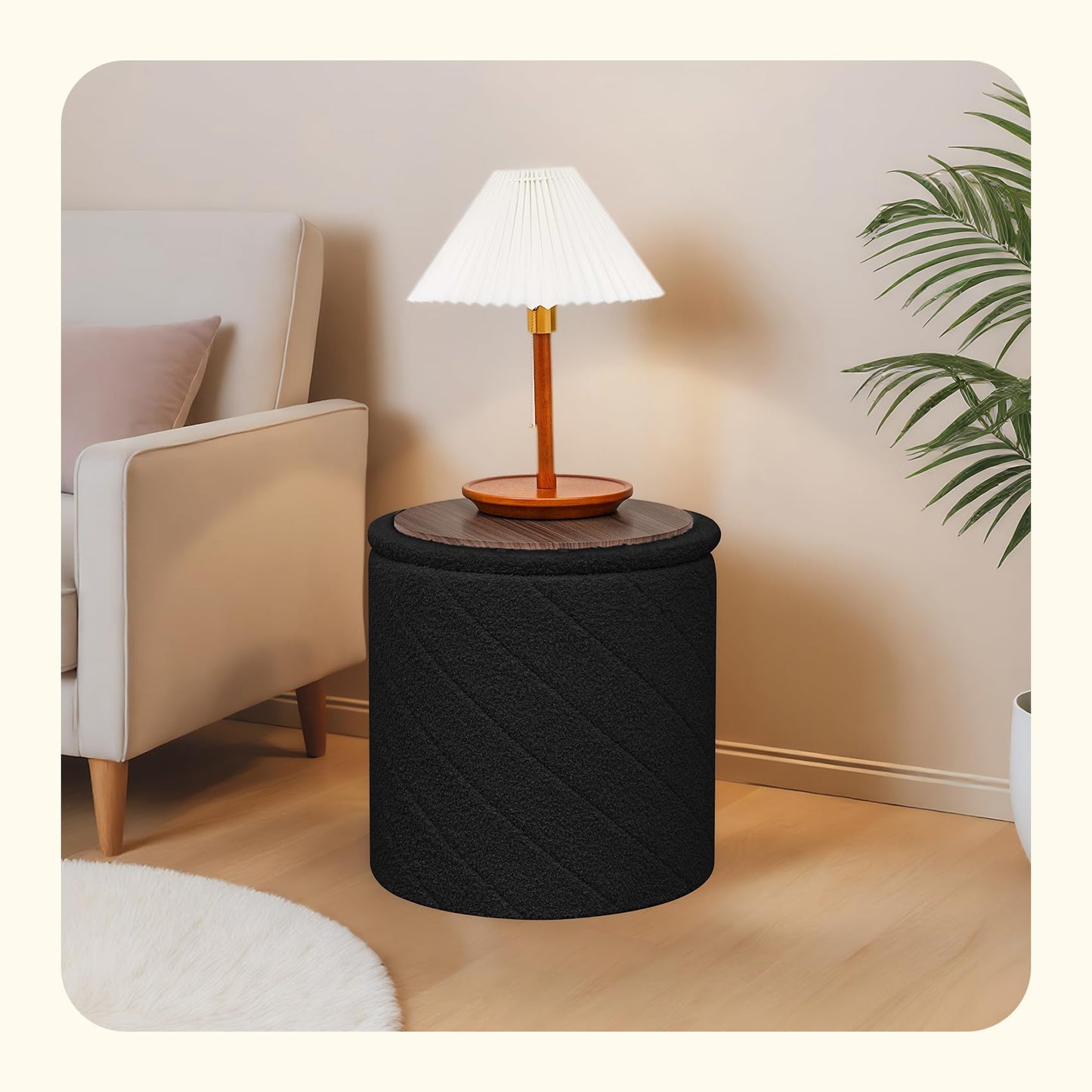 PINPLUS Ottoman with Stroage Round Boucle Ottoman and Tray Sherpa Removable Foot Stool Coffee Table for Dorm, Living Room Black, 16.9"x16.9"x17.7"