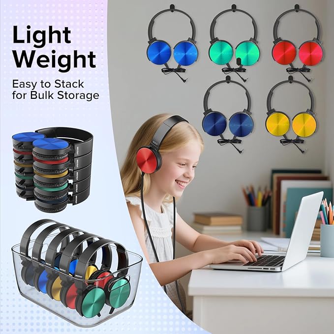 Bulk Headphones for Classroom School Student,24 Pack Durable Wired Kids On-Ear Earphones,3.5mm Plug for Computer,Kindle Fire,Chromebook,Laptop,Mobile Phone(HTC004,Colorful)