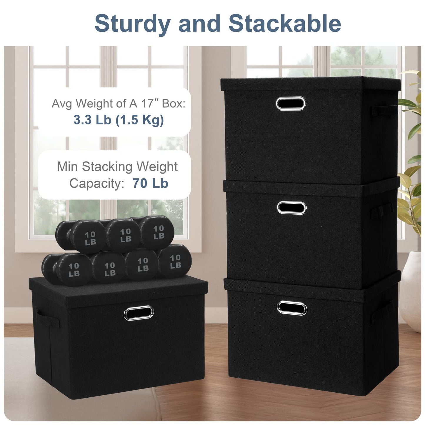 Graciadeco Large 17" 36 Quart Collapsible Stackable Storage Bins with Lids, 3 Packs Black Linen Fabric Closet Boxes with Lids, Storage Cube Baskets Container Organizers for Bedroom Office(17 x12 x11)