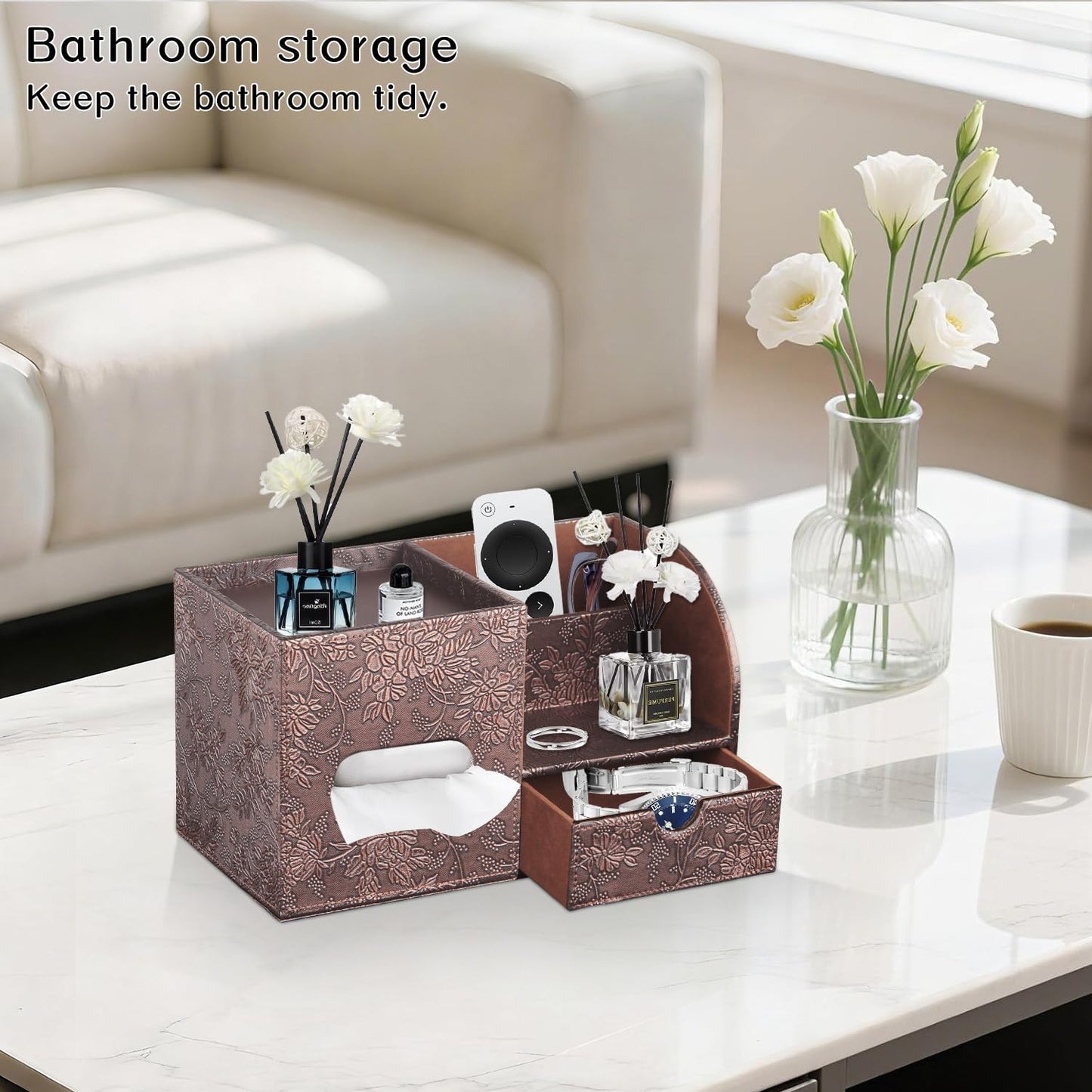 Fanousy Square Tissue Box Cover with Drawer Storage and Tray on Top, PU Leather Tissues Cube Boxes Holder, Modern Nightstand Organizer Caddy, Remote Control Holder for Bathroom, Bedside, Office, Home