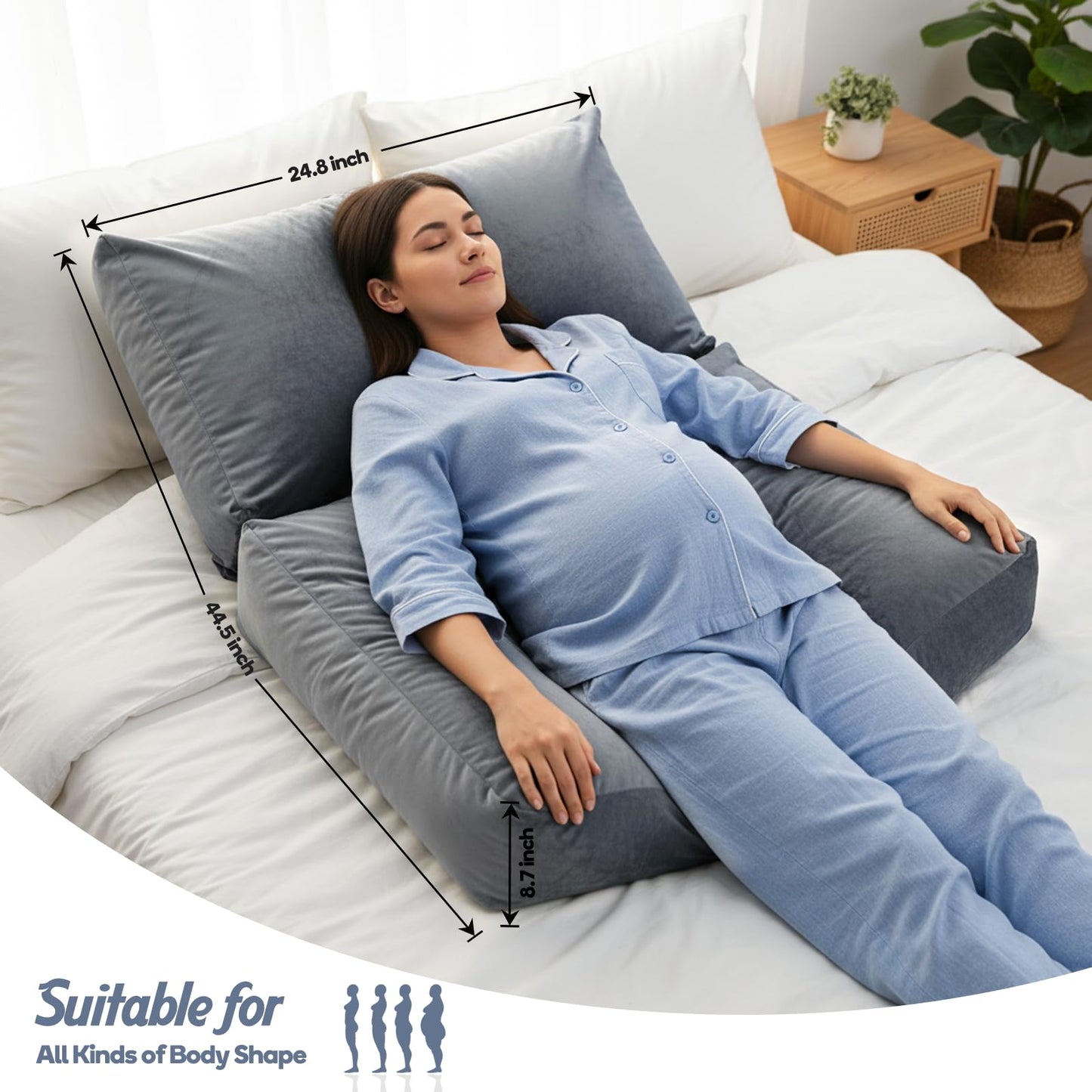 Pregnancy Pillows for Sleeping, 45.3 Inch Pregnancy Massage Pillow Full Body Pillow with Removable Cover & Leg Pillow, Support for Back, Legs, Belly, HIPS for Pregnant Women (Grey)
