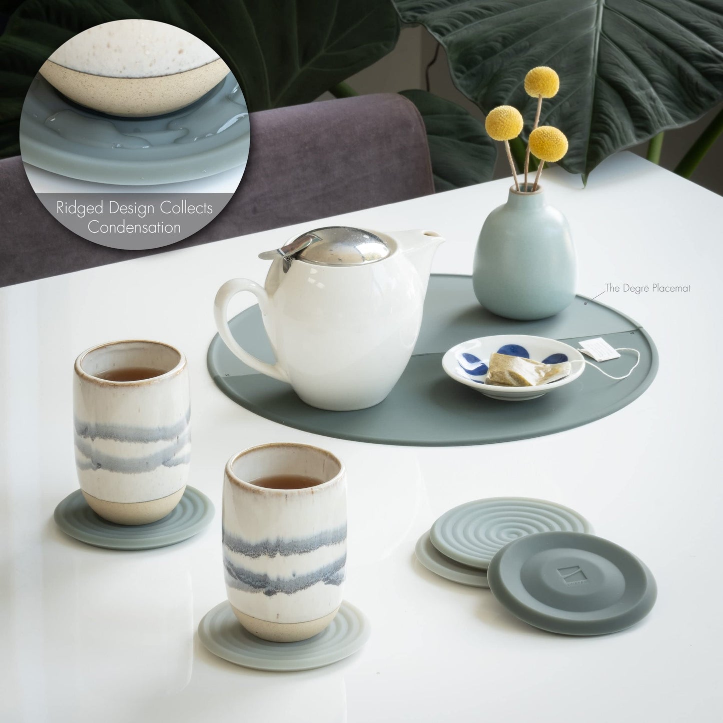 LINE+ARC Extra Thick Silicone Coasters Waterproof Anti-Stain Heat-Safe Dishwasher-Safe Degrē Coasters XL (Set of 6 Indigo Wash) Outdoor Round Mid-Century Modern MCM