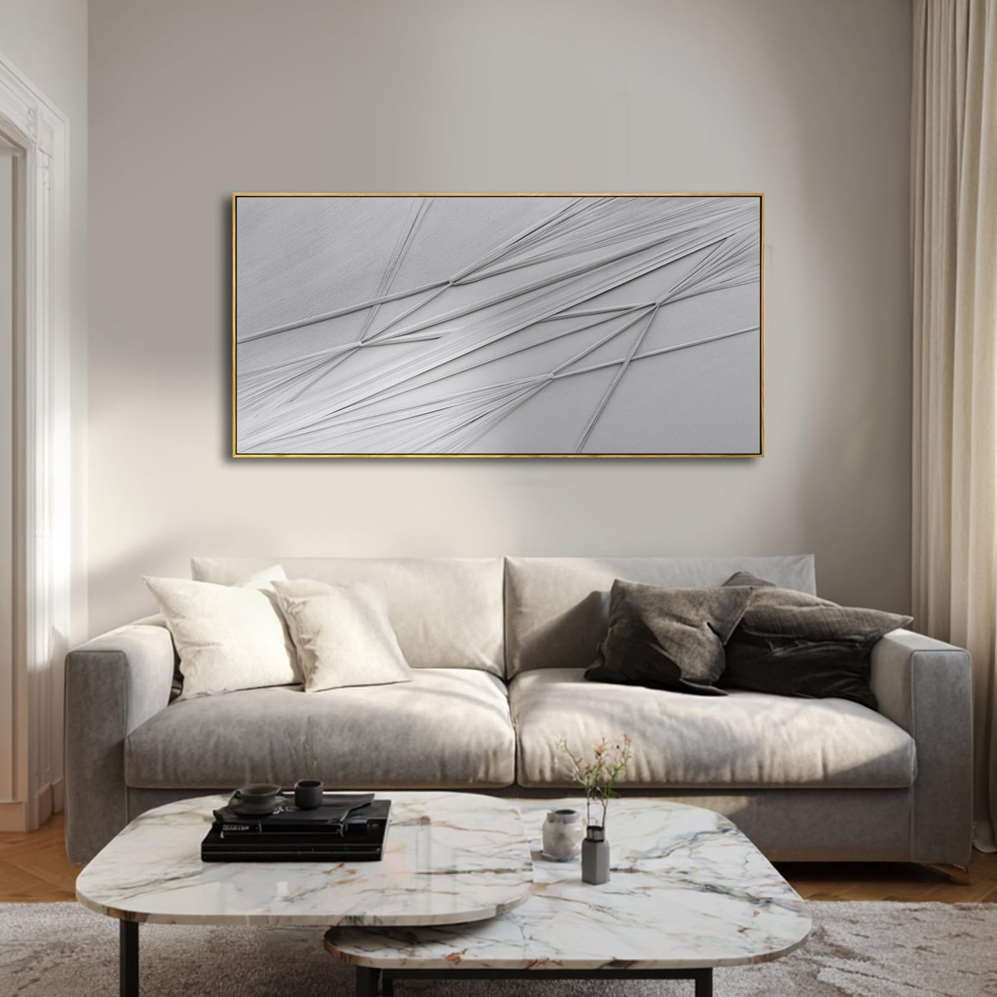 Framed Wall Art 24x48 Inch, Hand Painted Textured Canvas Painting with Wood Frame, Grey Abstract Minimalist Line Decor for Dining Room Living Room Bedroom Office
