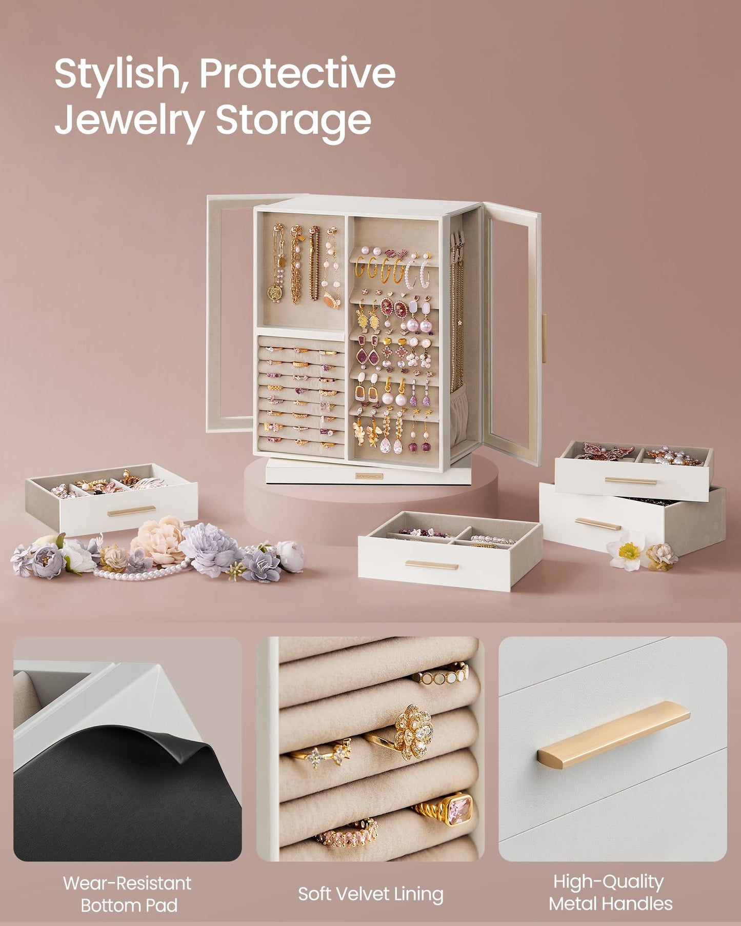 SONGMICS GISELLA Collection - Jewelry Box 360° Rotating, Jewelry Storage Case with 7 Drawers, Jewelry Organizer, Glass Window, Open Design, Great Gift, Light Warm White and Light Camel UJBC201W01