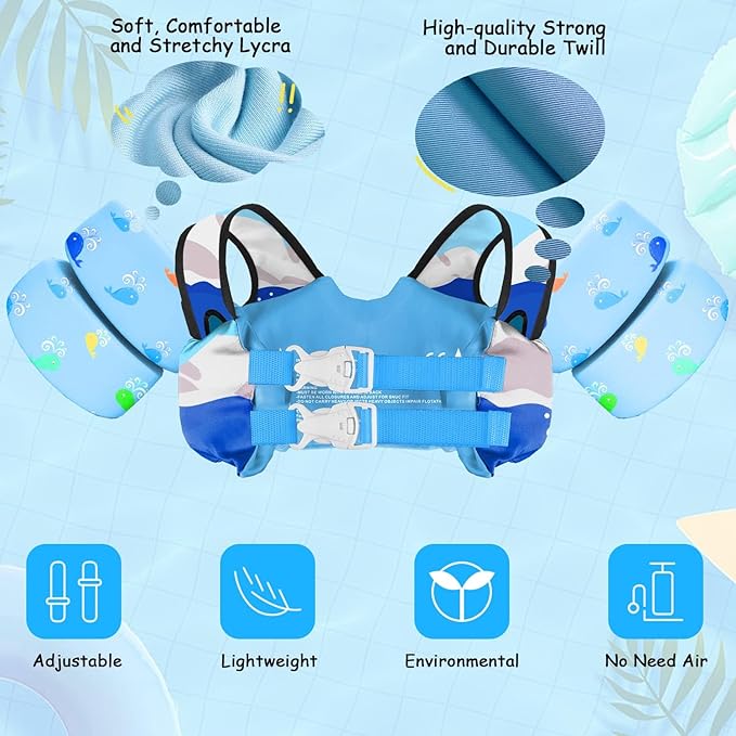 Chriffer Kids Swim Vest Life Jacket for 30-55 Pounds Boys and Girls, Toddler Floaties with Shoulder Harness Arm Wings for 2,3,4,5,6,7 Years Old Baby