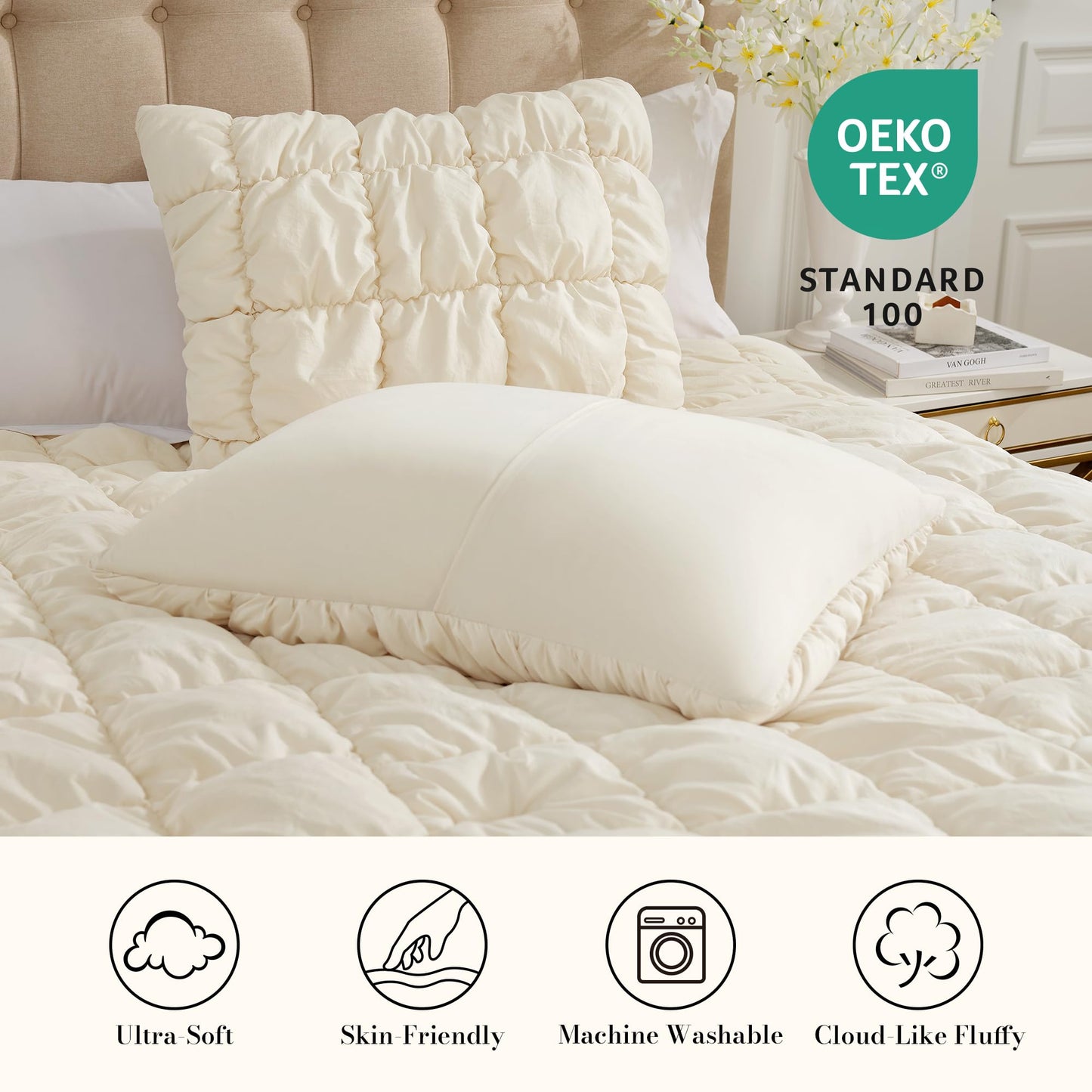 Amélie Home Luxury Queen Comforter Set, Bubble Textured Microfiber Bedding, Oeko-TEX Certified, All-Season Farmhouse Comforter with 2 Pillowcases, Beige