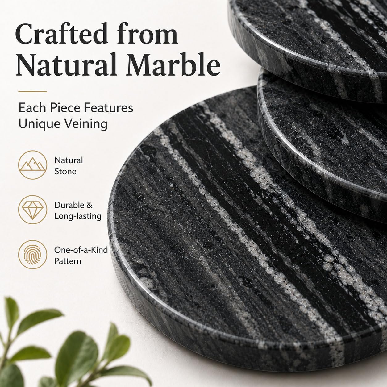 Terrarowth Midnight Black Marble Coasters Set of 4, Natural Stone Drink Coasters with Cork Backing, Round Black Marble Coasters for Bar Cart, Coffee Table & Home Decor