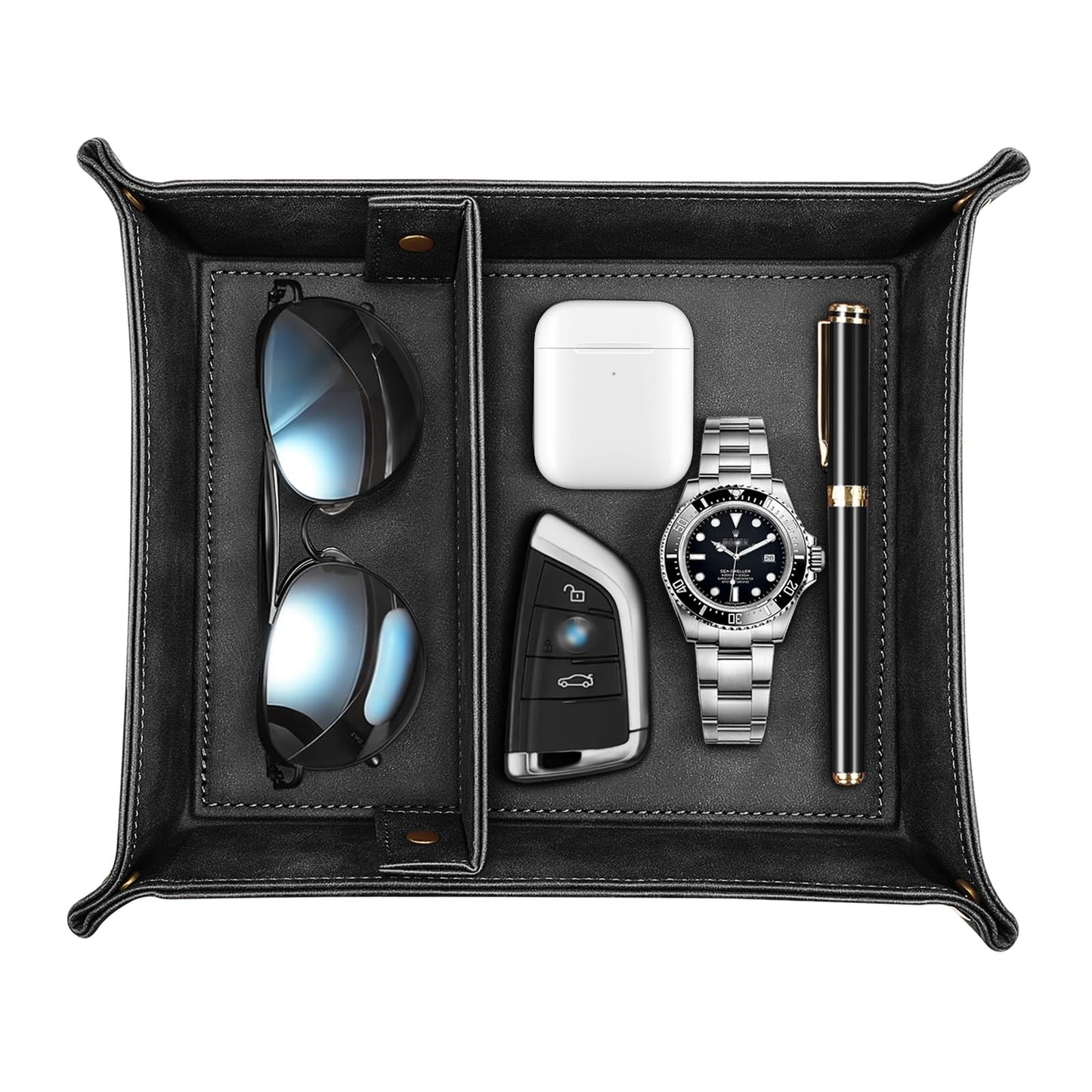 SITHON Valet Tray Desktop Storage Organizer, Removable 2 Compartments Catchall Tray Bedside Vanity Nightstand Caddy Holder Desk Storage Plate, Graduation, Black