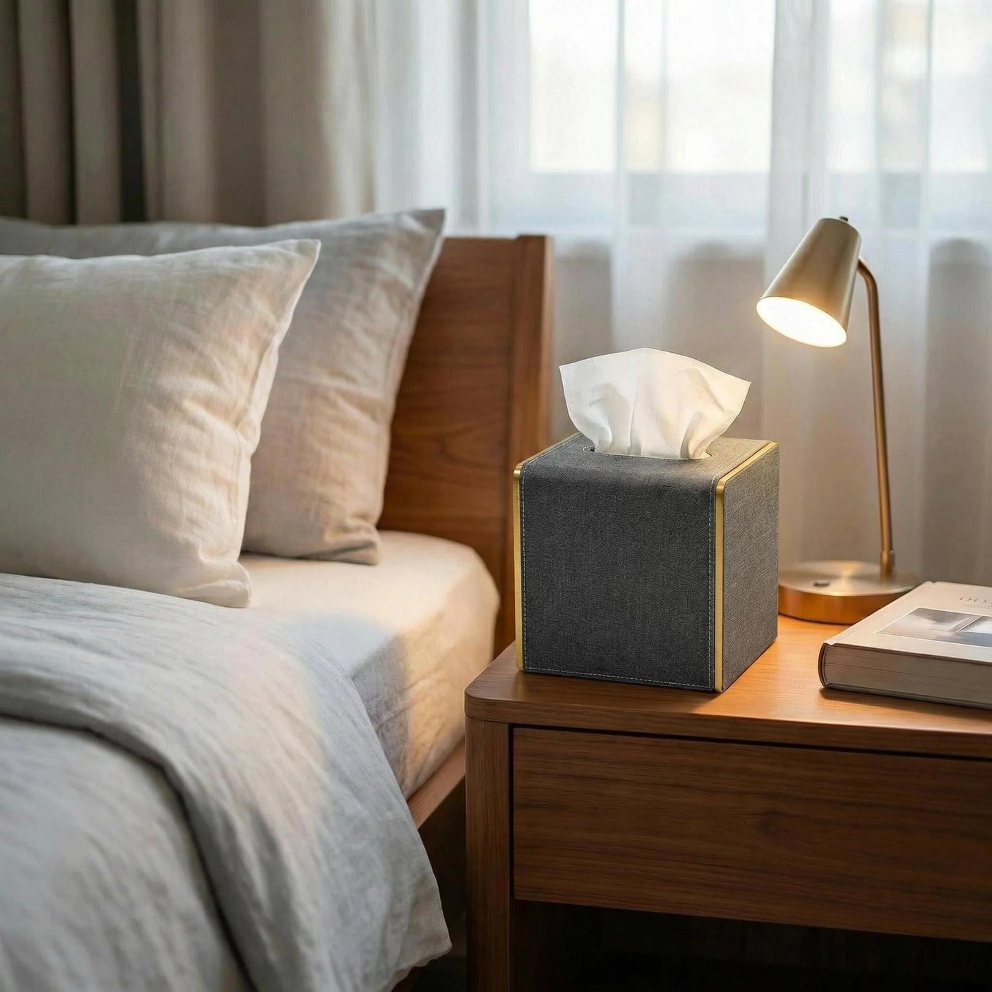 Xonusin PU Leather Square Tissue Box Cover, Linen Tissue Box Holder with Magnetic Closure, Decorative Modern Cube Tissue Box for Bathroom Vanity Countertop Bedroom Office Desk (Gray)