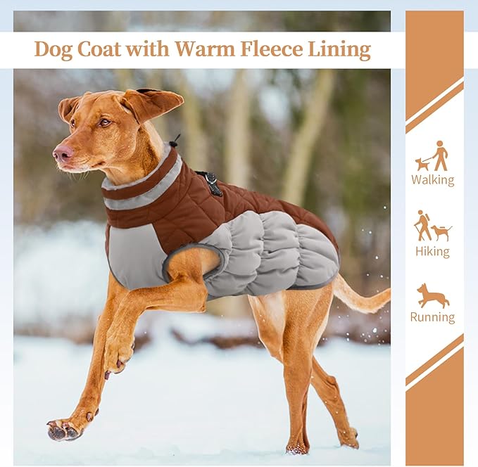 OUOBOB Winter Dog Coat,Large Dog Jacket,Waterproof Pet Jacket with Back Zipper,Pet Coat with Harness Built in,Warm Dogs Coat with Fleece Lined,Snow Jacket Clothes French Bulldog Shiba Inu,Brown,L