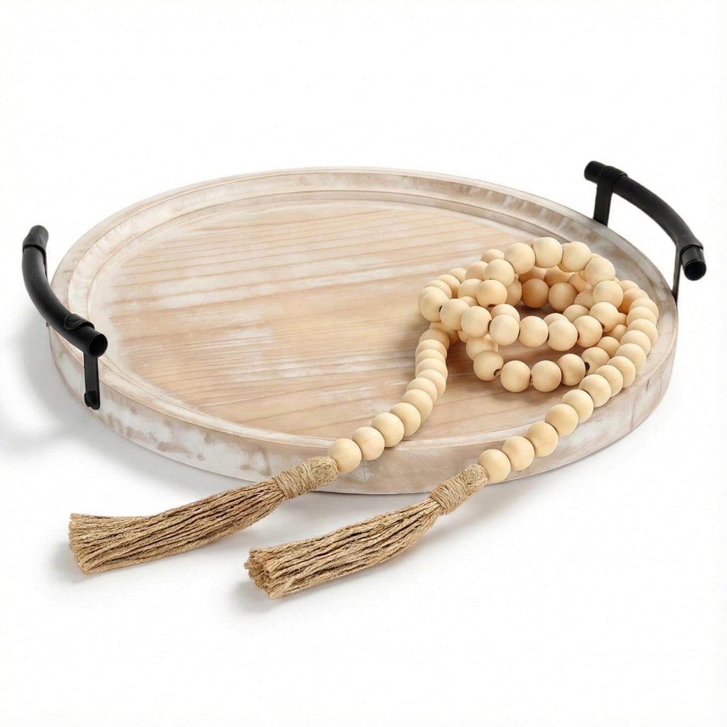 Relaxing Garden 13" Round Decorative Wood Tray with Handles