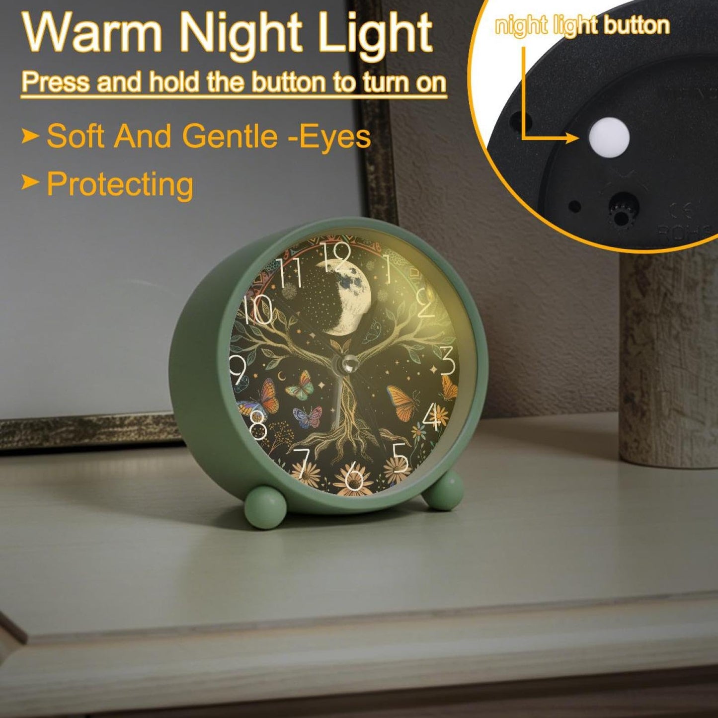 IROLSKDNFH 4.3" Decorative No Ticking Analog Alarm Clock, Battery Operated Desk Clock with Light, Easy to Set, for Bedroom, Kids, Seniors, Moon Phase Tree of Life Nature Flower Plant Butterfly