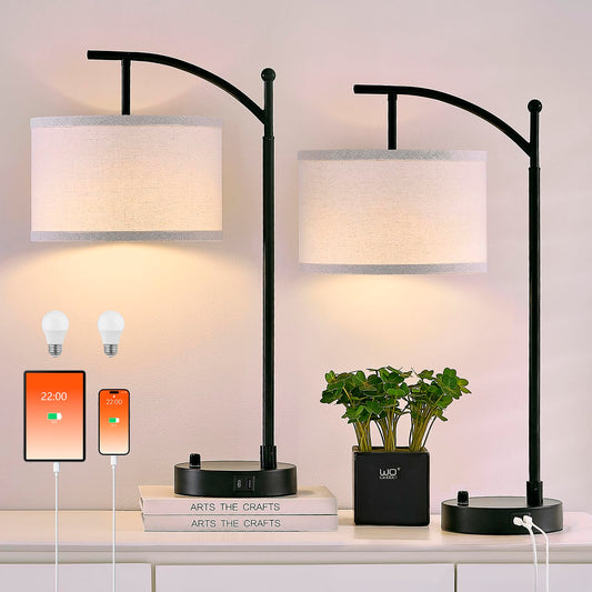 Hikczc Table Lamp for Living Room Bedroom, 23.5" Table Lamps Set of 2 with USB C+A Ports, Bedside Lamps for Nightstand with Linen Lamp Shades, 2 Dimmable LED Bulbs Included, Black