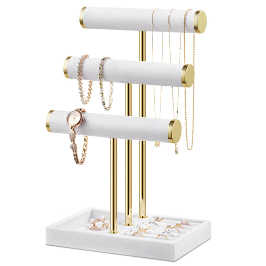 Josmimic Bracelet Holder Jewelry Organizer Display - 3 Tier T Bar Velvet Stand, White Jewelry Storage for Bracelet, Necklaces, Earrings, Watches