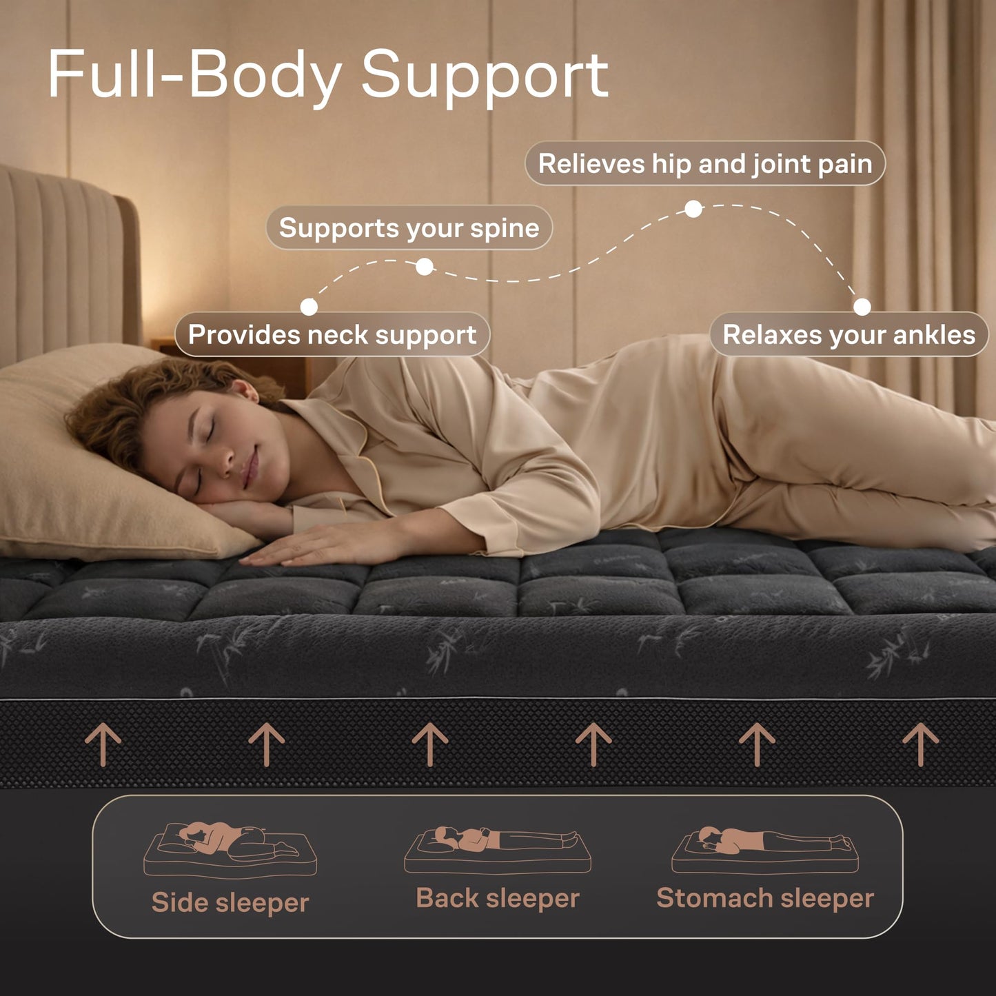 Dual-Layer 4 Inch Queen Size Mattress Topper - 2” Memory Foam + 2” Viscose Made from Bamboo Mattress Pad - Double the Comfort & Back Support - Removable & Machine-Washable Cover, Dark Gray