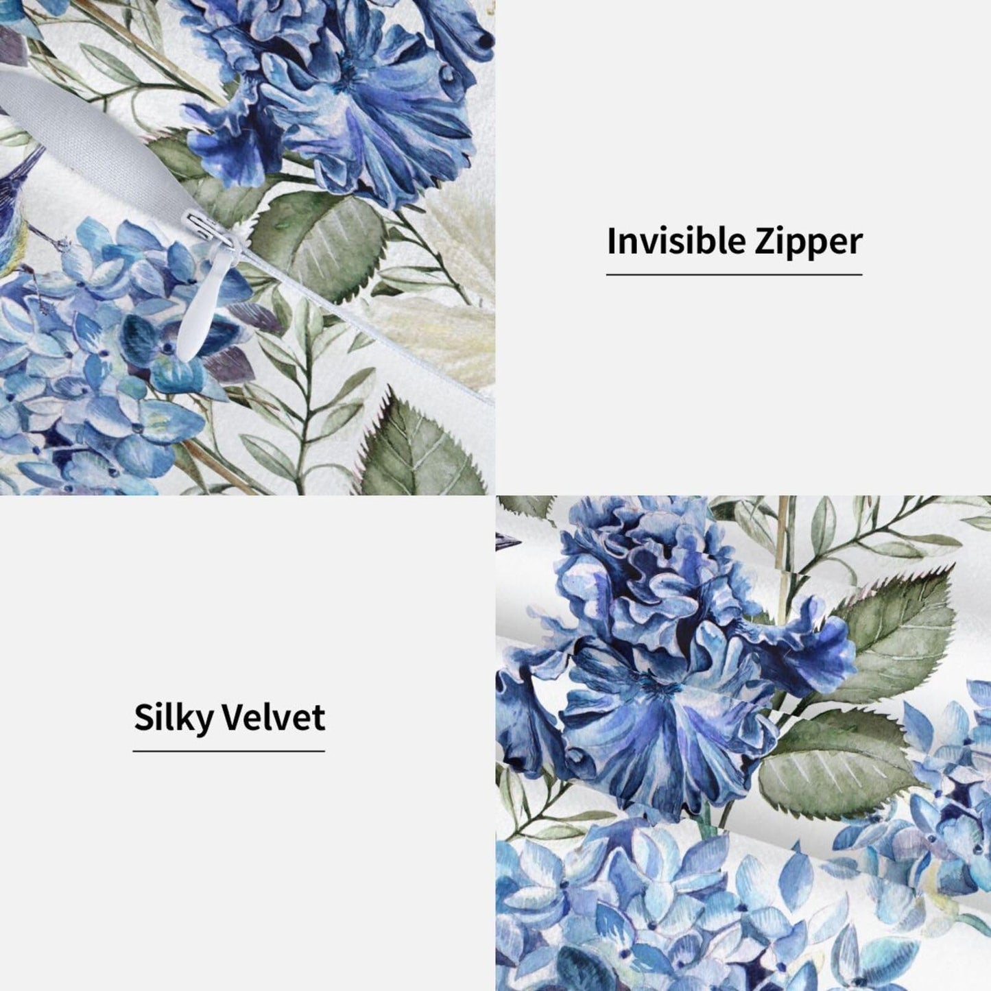 Coshatsu Blue and White Floral Pillow Covers 18x18 Set of 2, Spring Hydrangea Hibiscus Flowers Throw Pillow Covers Square Decorative Pillow Case for Couch Bed Sofa Cushion Home Decor