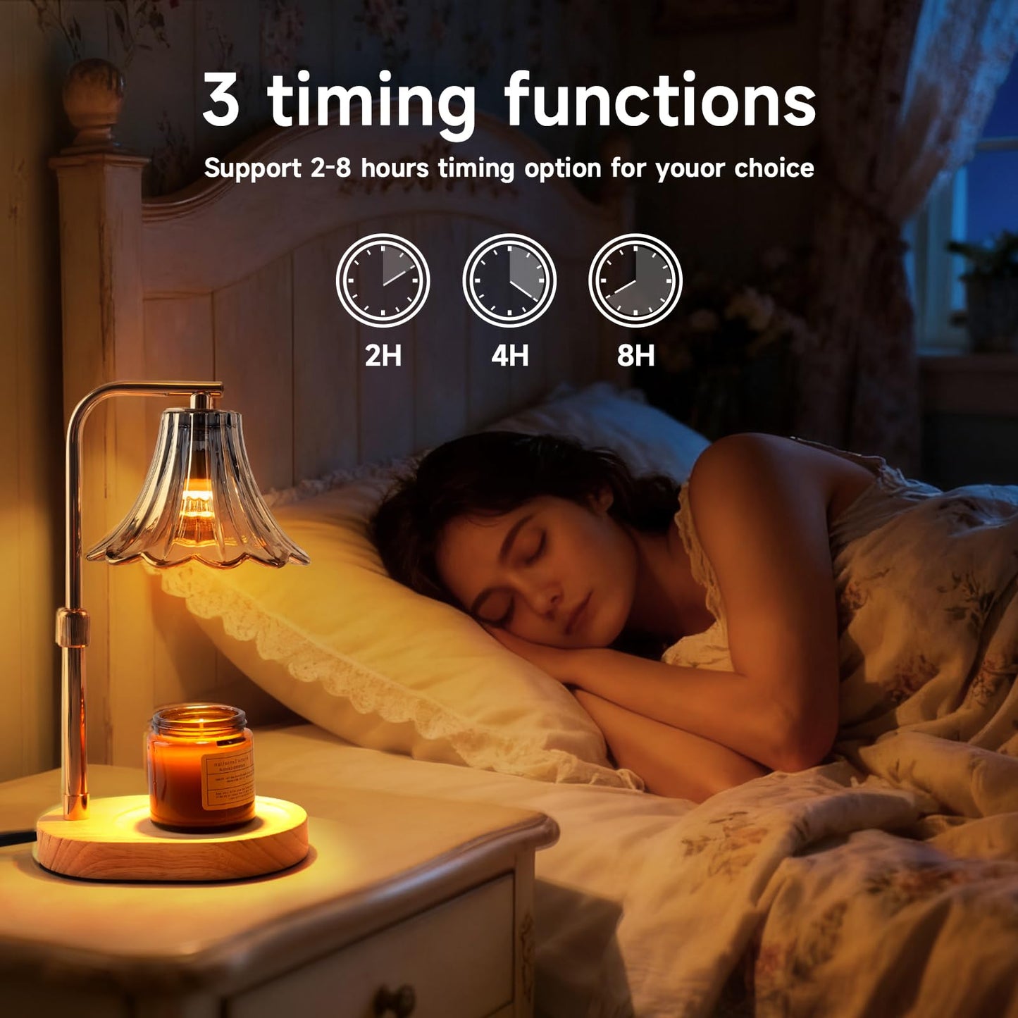 Candle Warmer Lamp with Timer and Dimmer - Adjustable Height Wax Melter for Scented Jar Candles, Vintage Glass Shade with Wood Base, Birthday Gifts for Women Mom, Housewarming Gifts, 2 Bulbs Included