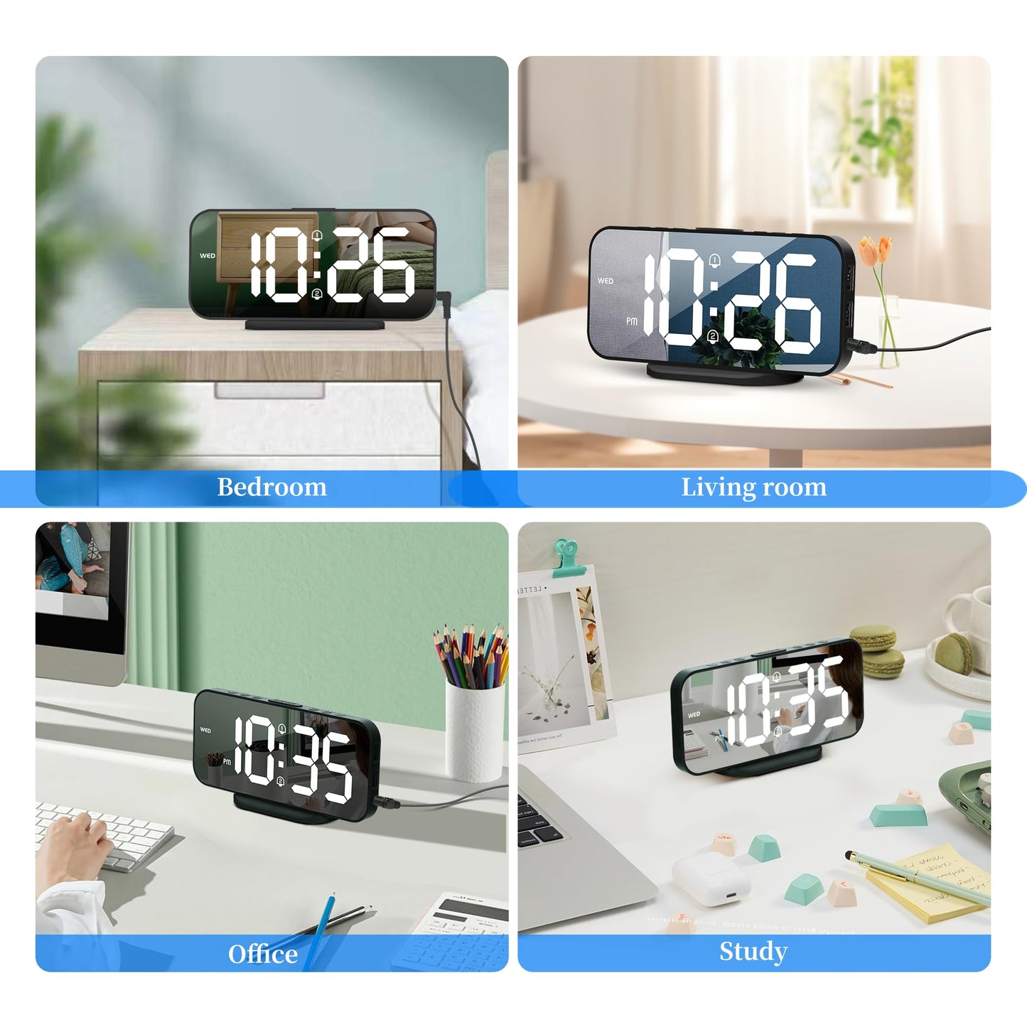 SMOUPING Digital Alarm Clock for Bedroom,6.7" LED Clock Mirror Surface with 2 USB Charger Port,Adjustable Brightness,Dual Alarm,Snooze,12/24H/Large Display Clock for Room Decor(Black)