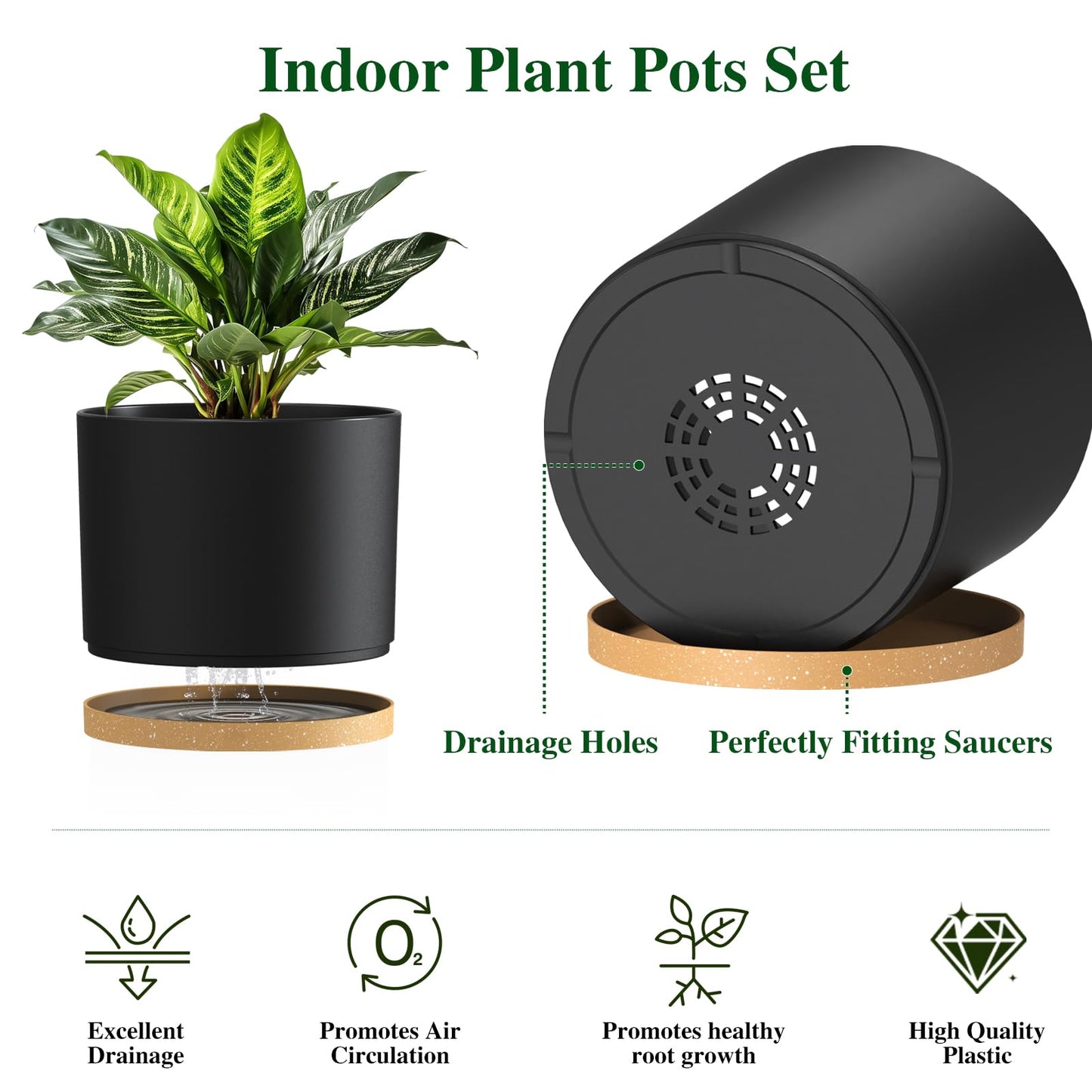 KUGAZ Plant Pots, 10/9/8 Inch 3 Pack Cylindrical Flower Pots with Drainage Holes and Saucers, Plastic Planters for Outdoor Indoor Plants,Black Brown