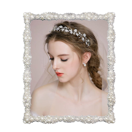 DIKAR 8x10 Picture Frame with Pearl for Wedding, Silver Plated with HD Acylic Finish Photo Frames with Rhinestones for Horizontal and Vertical Decor Tabletop Display