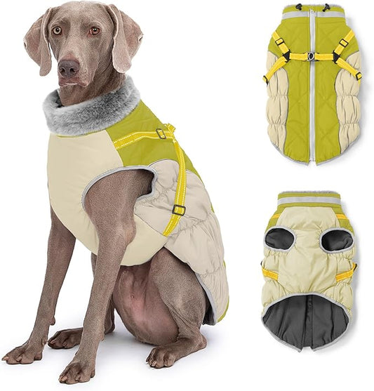 Abuandi Dog Winter Coat with Harness, Dog Jacket, Pet Clothes with Zipper on Back, Waterproof Windproof Warm Vest, Reflective Cold Weather Coats, for Small Medium Large Dogs, Thick, Green, 2XL