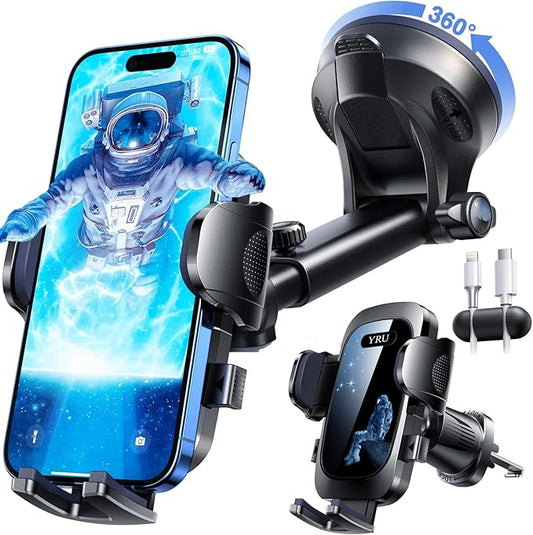 YRU True Military-Grade [360°Rotation Suction] 2025 Ultimate Car Phone Holder Mount[90+LBS Safest Strongest & Patent Certs] Dashboard Windshield Vent for iPhone 17 16 Pro Max Samsung,Blue Black