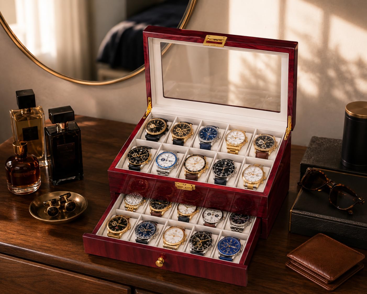 Craftilux High End 20 Slot Rosewood Watch Box for Men, 2 Tier Watch Organizer with Glass Display Lid, Velvet Lined Watch Case Storage for Up to 45mm Watches, Luxury Watch Holder Gift for Collectors