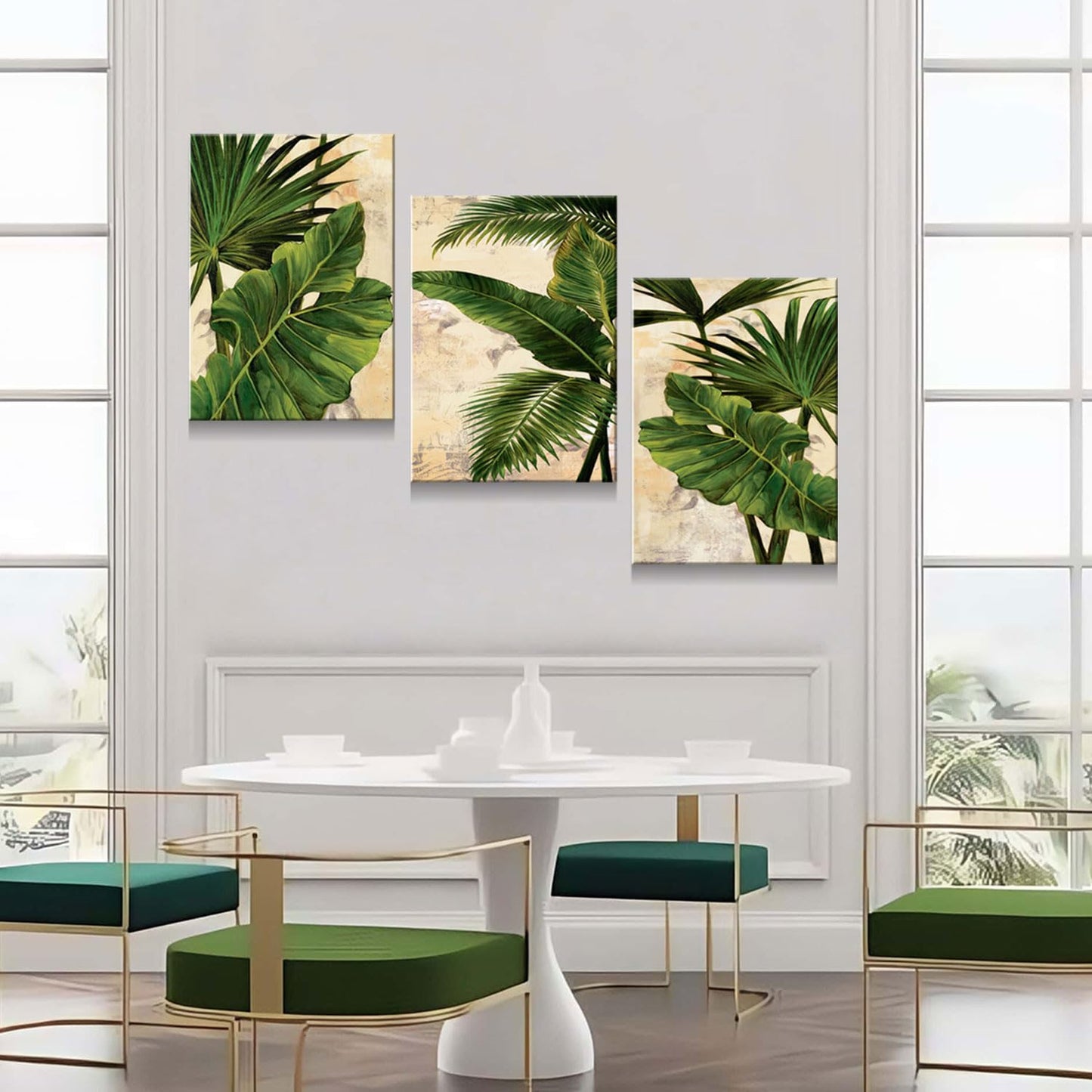3pcs Framed Palm Leaves Banana Leaf Tropical Plants Wall Art Decor Canvas Print Nature Style Home Greenery Pictures Poster Gallery Bedroom Living Room Studio 16x24 Inch Ready to Hang