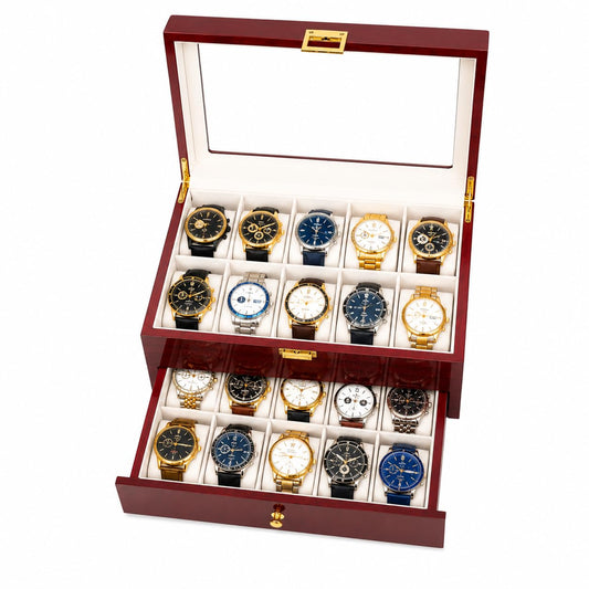 Craftilux High End 20 Slot Rosewood Watch Box for Men, 2 Tier Watch Organizer with Glass Display Lid, Velvet Lined Watch Case Storage for Up to 45mm Watches, Luxury Watch Holder Gift for Collectors