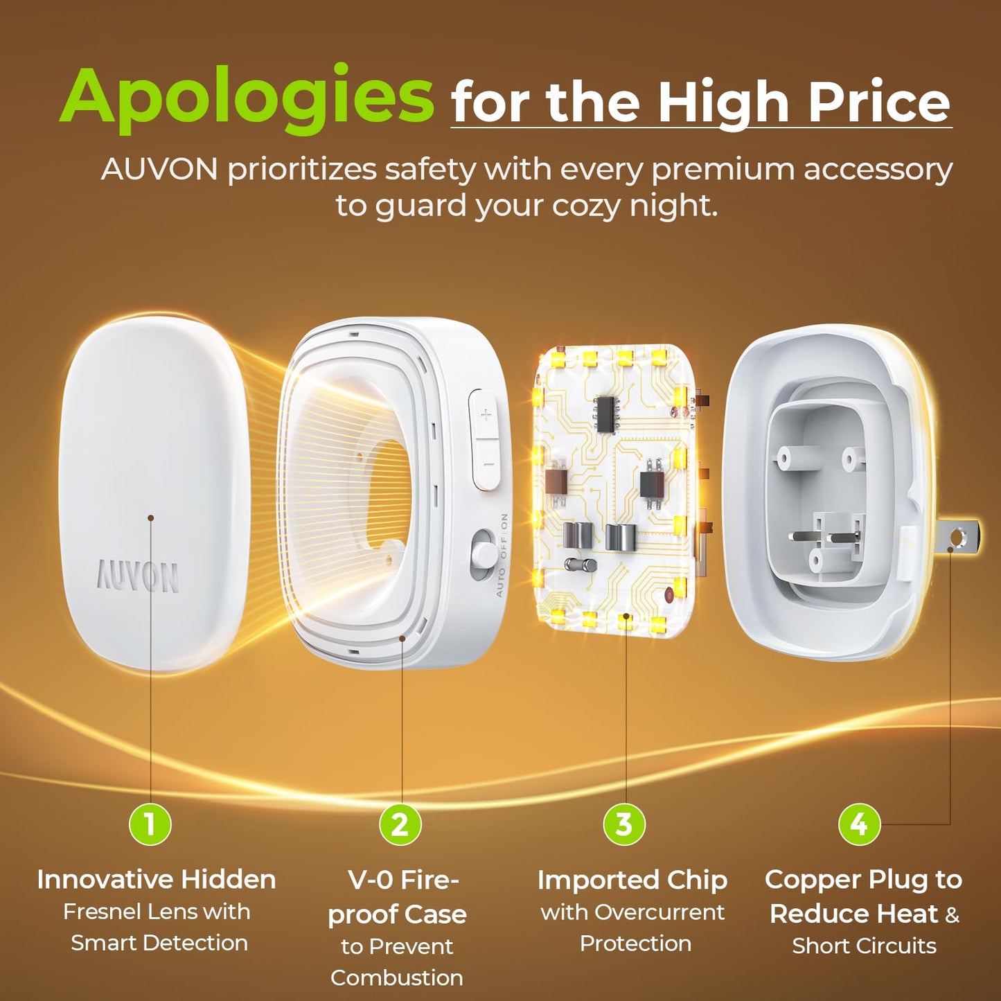 AUVON Plug-in LED Backlit Night Light with Motion Sensor & Dusk to Dawn Sensor, 2200K Soft Warm White Nightlight with 1-50lm Dimmable Brightness for Adults & Kids' Bedroom, Bathroom, Hallway (4 Packs)