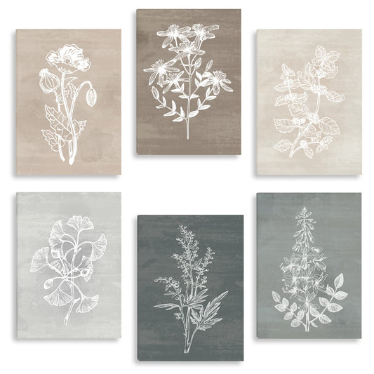 BINCUE Neutral Botanical Plant Canvas 6 Pieces Wall Art Rustic Wall Decor Farmhouse Wall Paintings Botanical Prints Simple Plants Wall Pictures Minimalist Flower Decor for Living Room Bedroom Bathroom Office Dining Room 12"x 16"