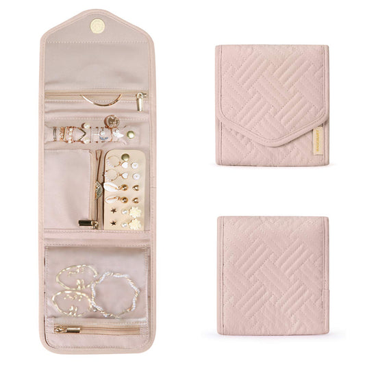 BAGSMART Travel Jewelry Organizer Case Foldable Small Jewelry Roll for Journey Rings, Necklaces, Earrings, Bracelets,Mini,Soft Pink