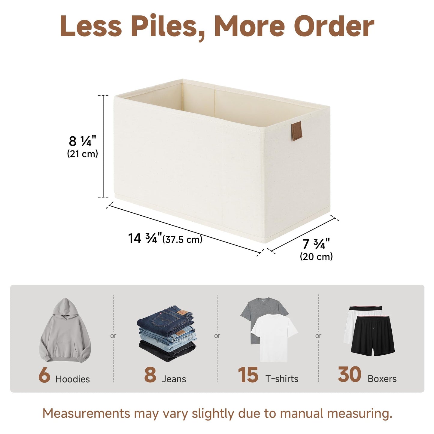 StorageWorks Small Storage Bins, Fabric Storage Bins, Narrow Baskets for Shelves with PU Handle, Perfect for Clothes, Towels, and Light Blankets, Beige, 4-Pack