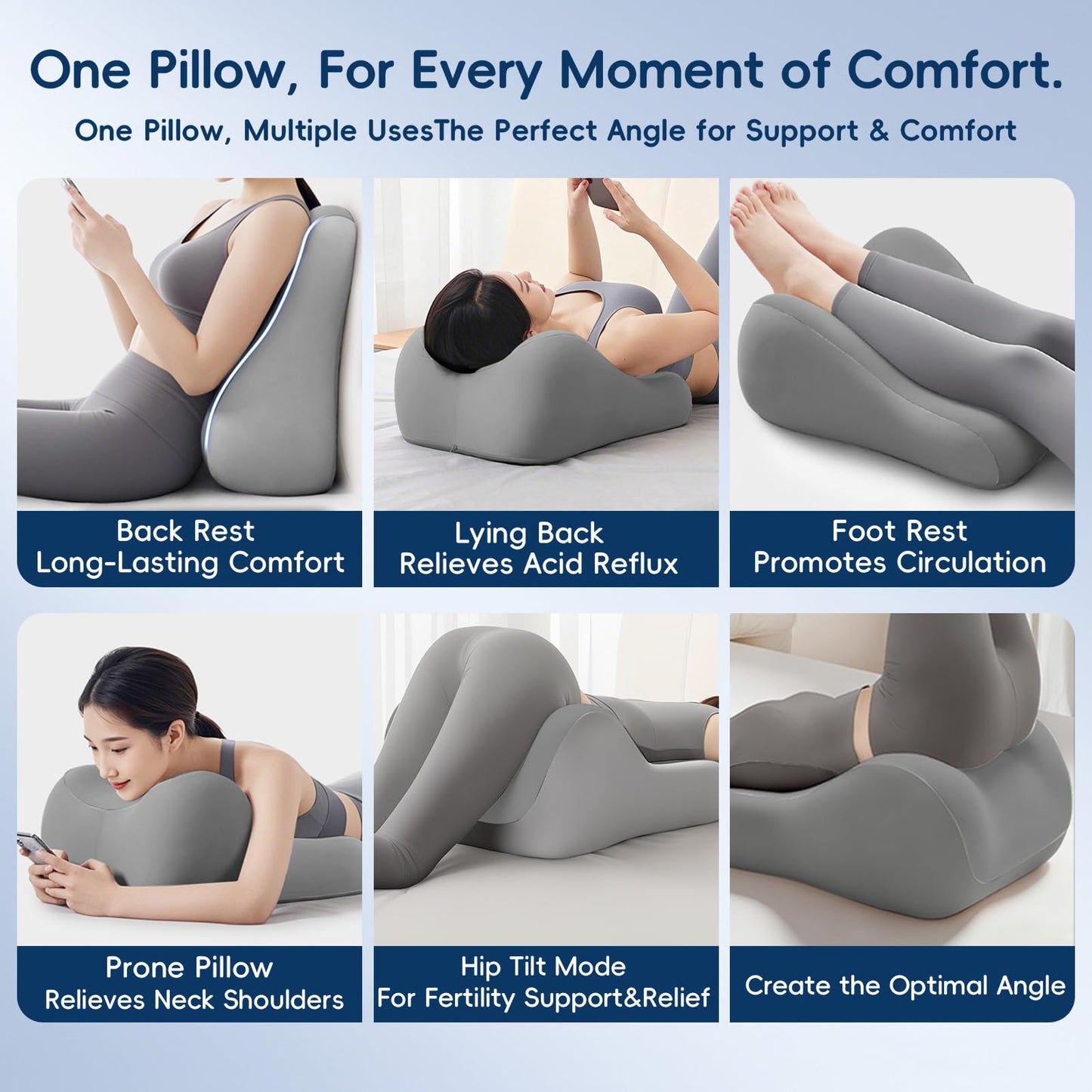 Flewbow Natural Latex Wedge Pillow Ergonomic Support Cushion for Back, Waist & Leg Relief - Multi - Functional Body Positioner, Grey