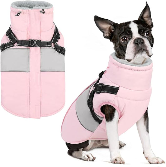SUNFURA Small Dog Coat with Harness Built in, Warm Dog Jacket Winter with Zipper On Back, Waterproof Pet Snow Jacket Snowsuit Pet Sweater Clothes for Schnauzer, Yorkshire Terrier, Pink S