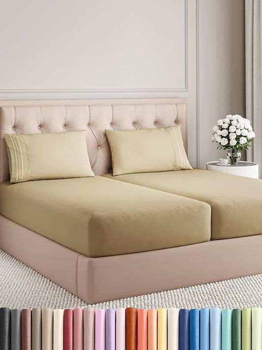 Split King Size 5 Piece Sheet Set - Comfy Breathable & Cooling Bed Sheets Set - Hotel Luxury Bedding for Women, Men, Kids, Teens, Boys & Girls - Deep Pockets, Soft and Wrinkle Free - Oeko-Tex - Beige