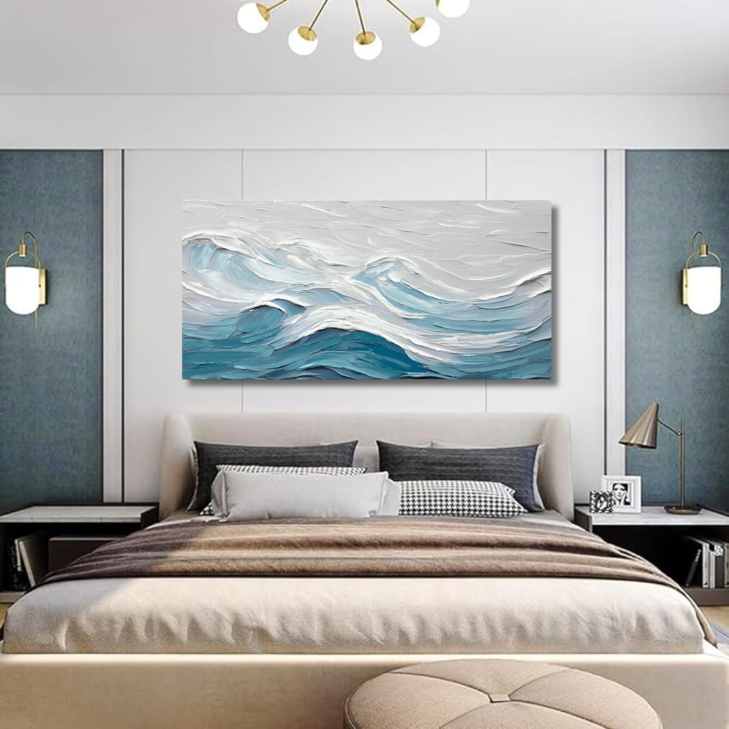 TRAIN2 ART Abstract Wall Art for Living Room Blue and White Ocean Paintings Wall Decor Modern 3D Textured Canvas Wall Art Large Artwork for Living Room Bedroom Office 20"x40"