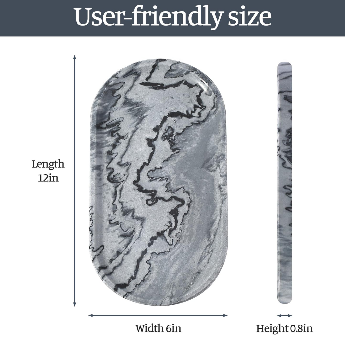 Koville Natural Marble Tray, 12"x6" Decorative Tray for Countertop, Catchall for Perfume, Candles, Jewelry Dish Elephant Grey