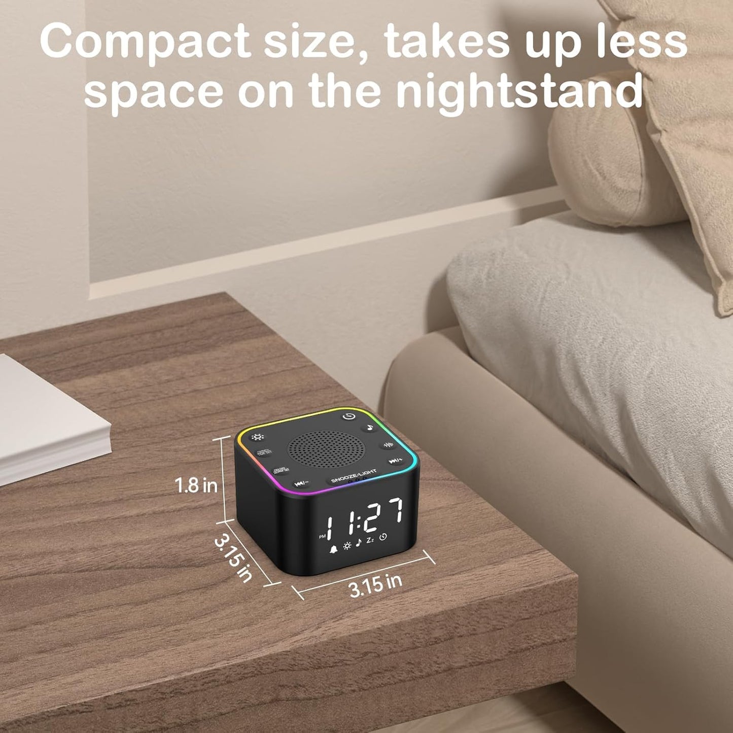 2-in-1 Sound Machine & Alarm Clock: 30 Non-Looping White Noise & Nature Sounds for Fall Asleep Faster, 7 Gentle Wake-Up Alarms - Compact 10oz for Bedroom, Baby Nursery & Travel